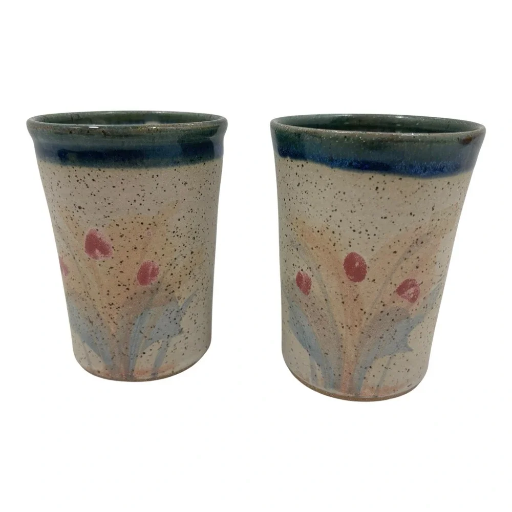 Vintage Pottery‎ Floral Pitcher Cups by Russell Wood of Seagrove NC Signed 2005